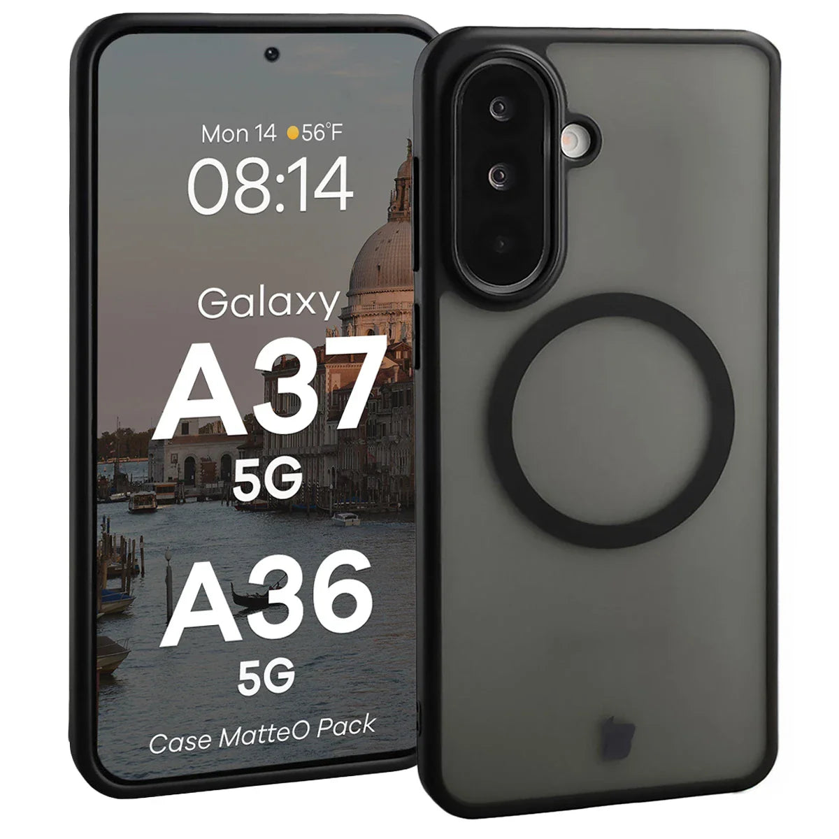 Schutzhülle mit Magnetring + gehärtetem Glas für Galaxy A37 5G / A36 5G, Bizon MatteO Pack, Getönt-Schwarz