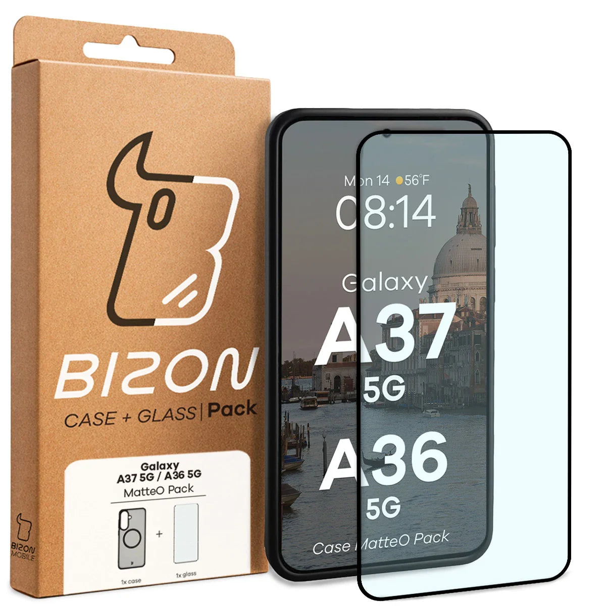Schutzhülle mit Magnetring + gehärtetem Glas für Galaxy A37 5G / A36 5G, Bizon MatteO Pack, Getönt-Schwarz