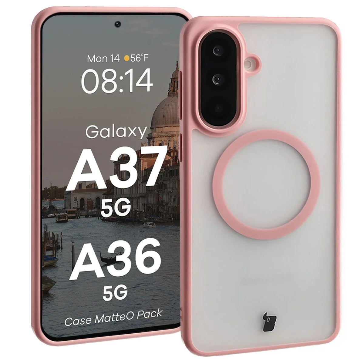 Schutzhülle mit Magnetring + gehärtetem Glas für Galaxy A37 5G / A36 5G, Bizon MatteO Pack, Getönt-Hellrosa