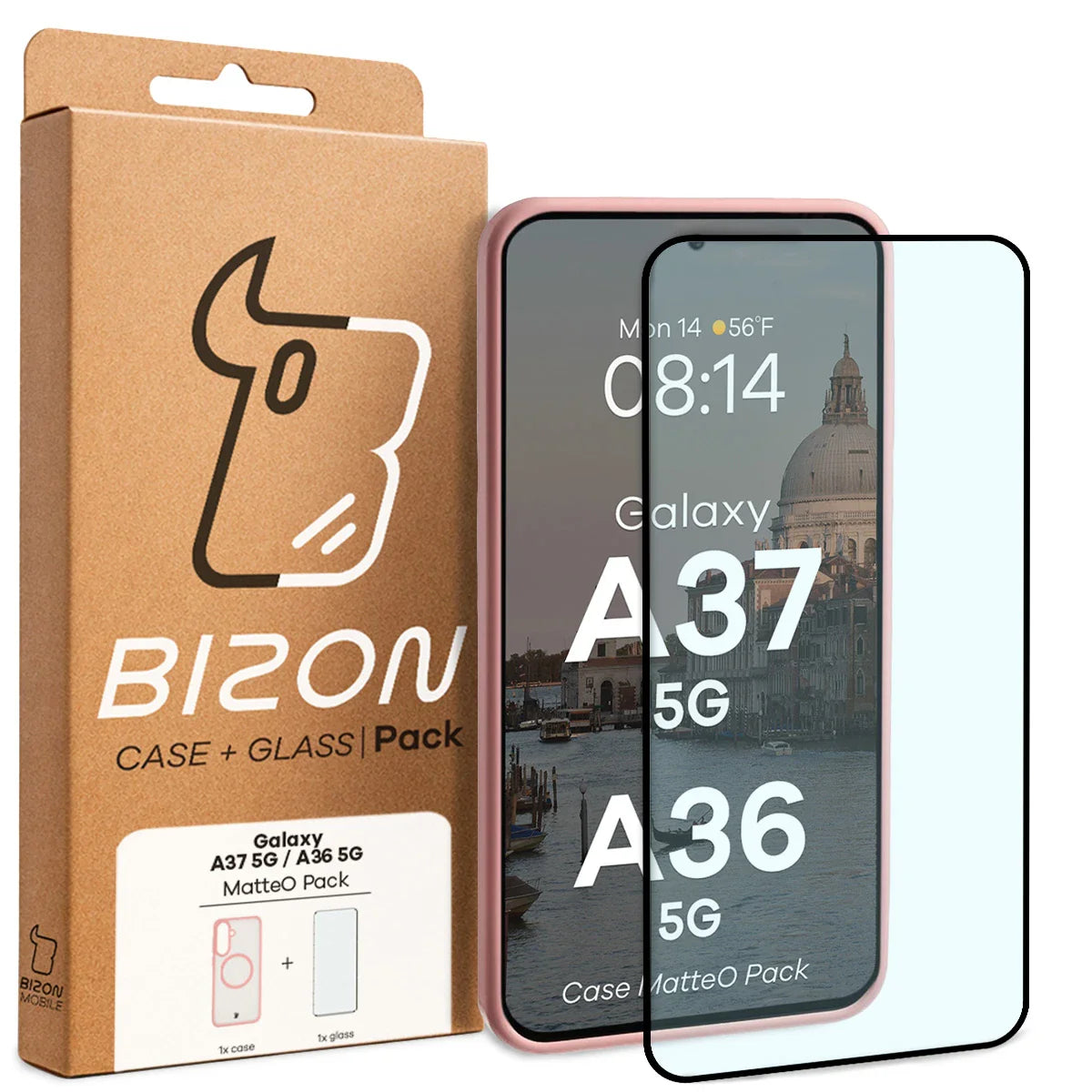 Schutzhülle mit Magnetring + gehärtetem Glas für Galaxy A37 5G / A36 5G, Bizon MatteO Pack, Getönt-Hellrosa