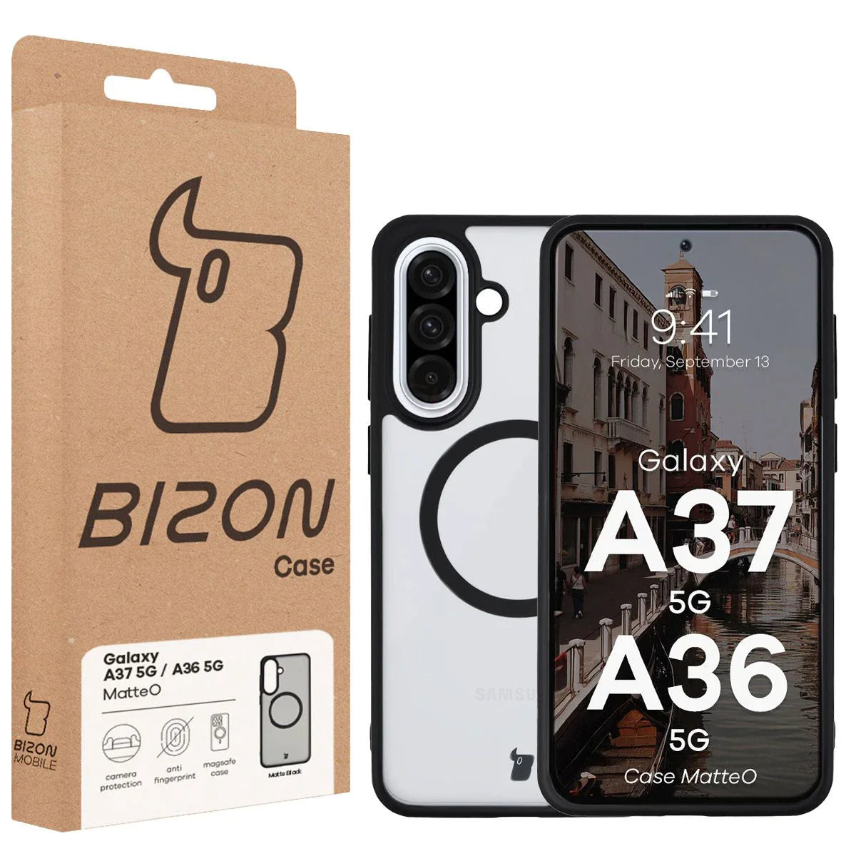 Handyhülle mit Magnetring für Galaxy A37 5G / A36 5G, Bizon Case MatteO, Getönt-Schwarz