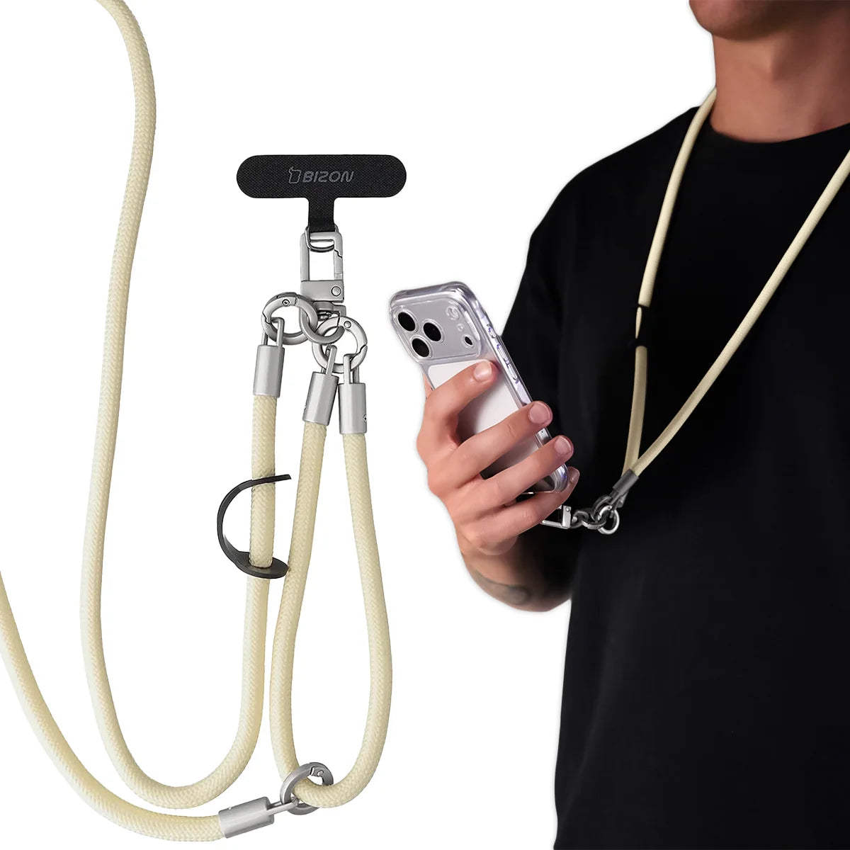 Universelle Handy-Lanyard für Handgelenk, Hals und Schulter, Bizon Accessories ReLoop, Beige (1/7)