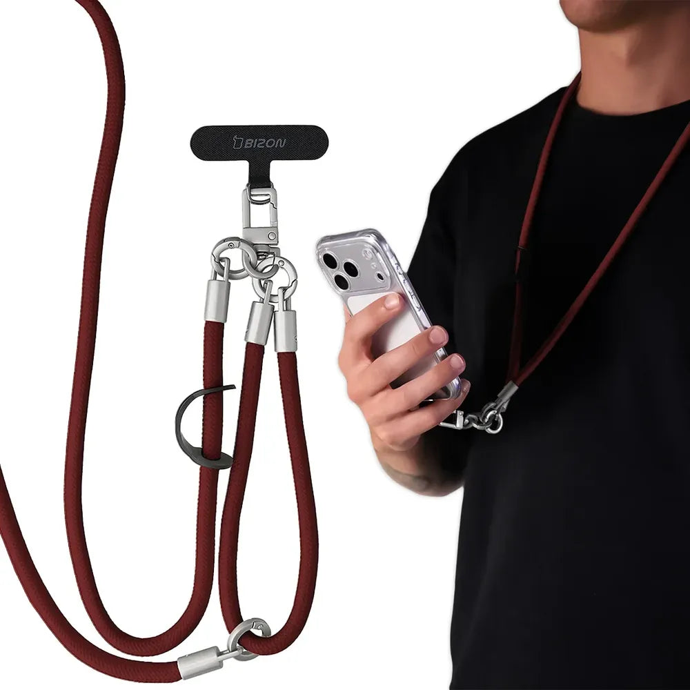 Universelle Handy-Lanyard für Handgelenk, Hals und Schulter, Bizon Accessories ReLoop, Burgunderrot (1/7)