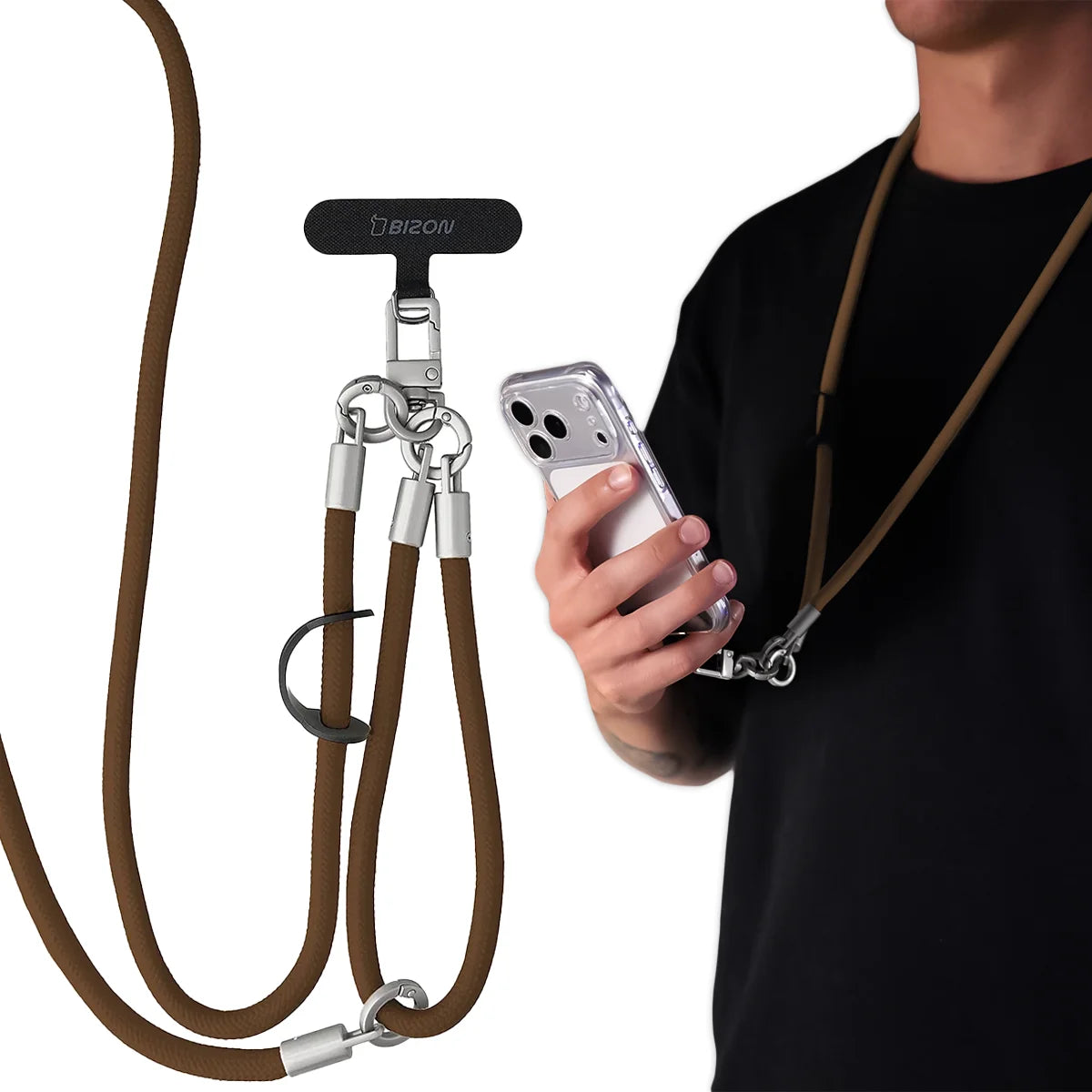 Universelle Handy-Lanyard für Handgelenk, Hals und Schulter, Bizon Accessories ReLoop, Braun (1/7)