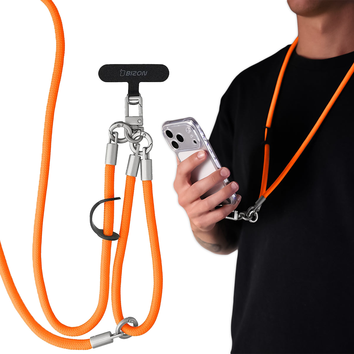 Universelle Handy-Lanyard für Handgelenk, Hals und Schulter, Bizon Accessories ReLoop, Neonorange (1/7)