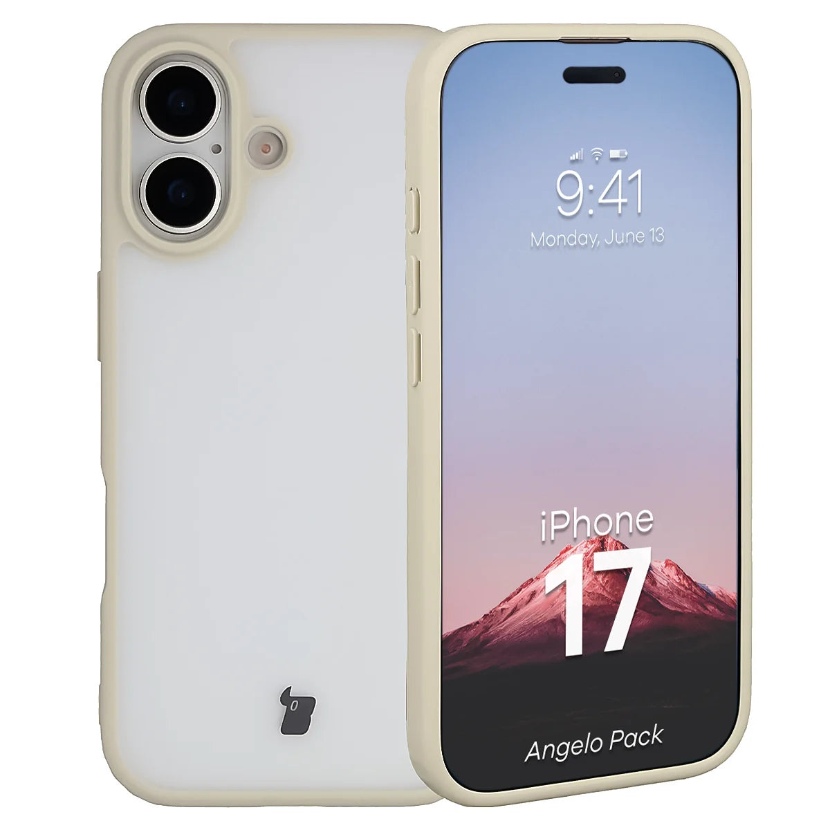 Schutzhülle + gehärtetem Glas für iPhone 17, Bizon Angelo Pack, Semitransparent mit beigem Rahmen