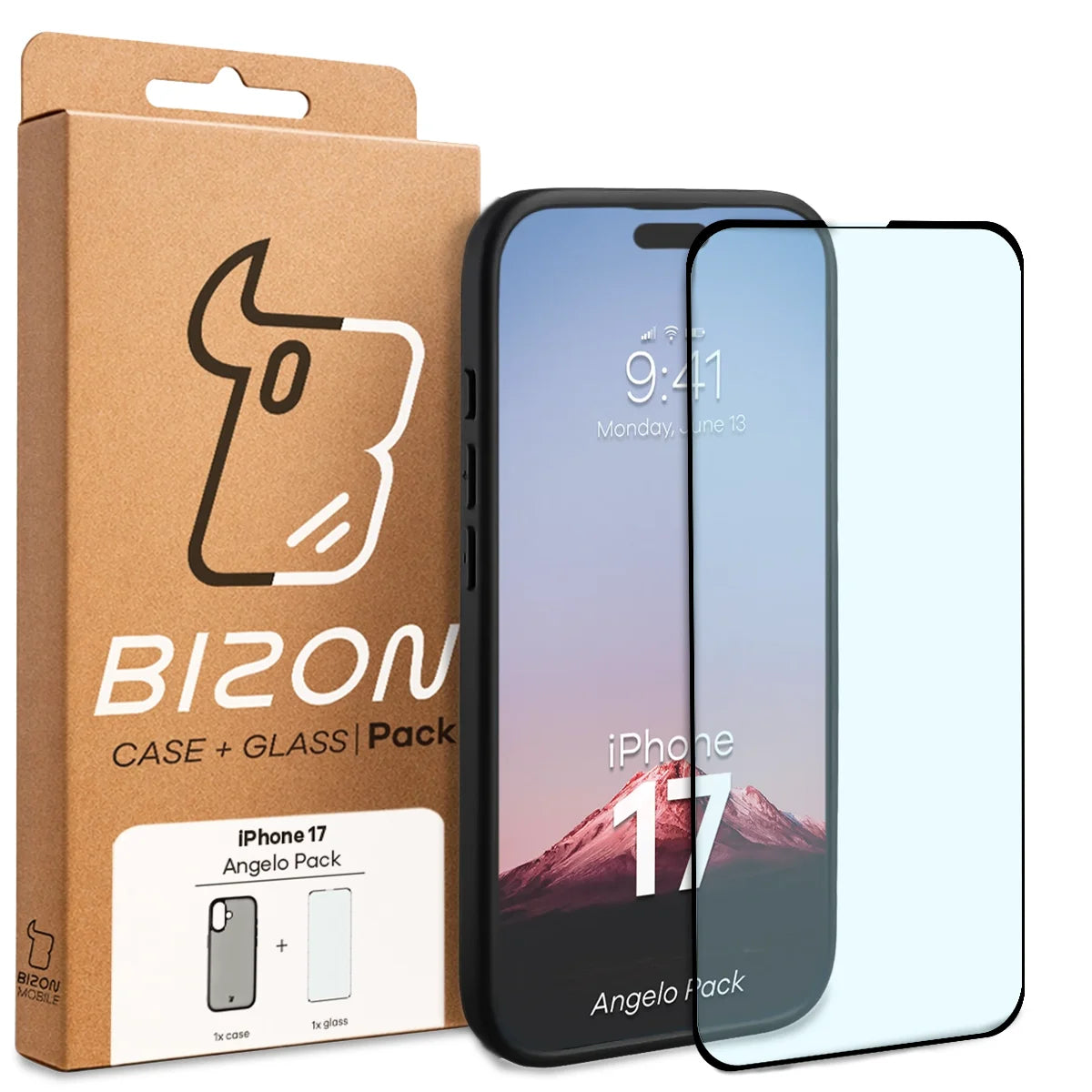Schutzhülle + gehärtetem Glas für iPhone 17, Bizon Angelo Pack, Getönte mit schwarzem Rahmen
