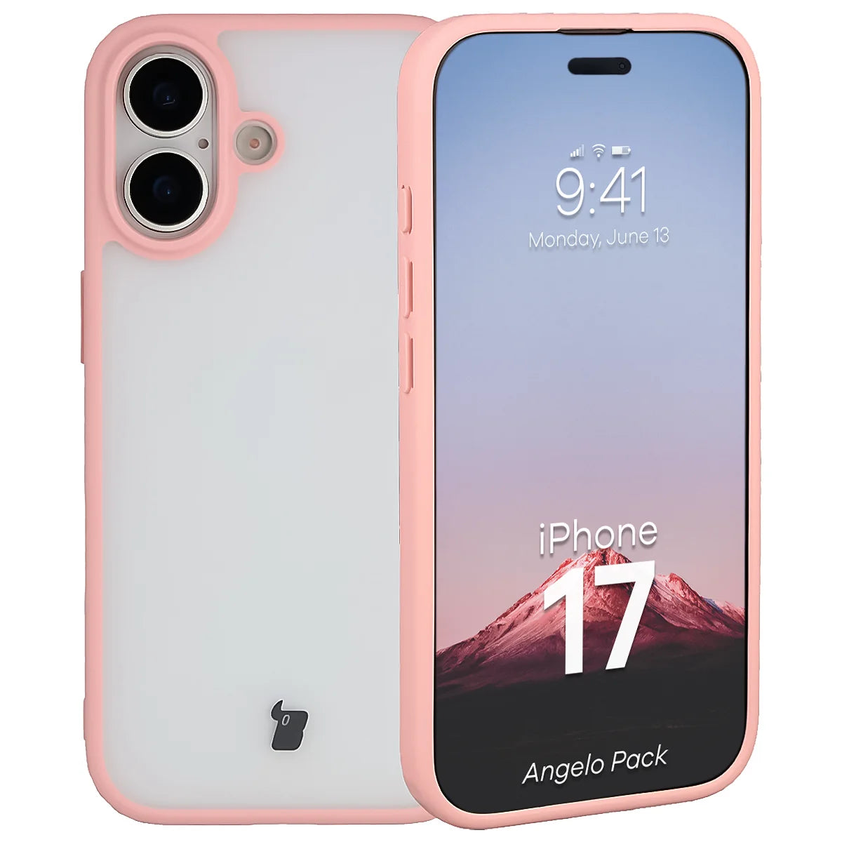 Schutzhülle + gehärtetem Glas für iPhone 17, Bizon Angelo Pack, Semitransparent mit hellrosem Rahmen