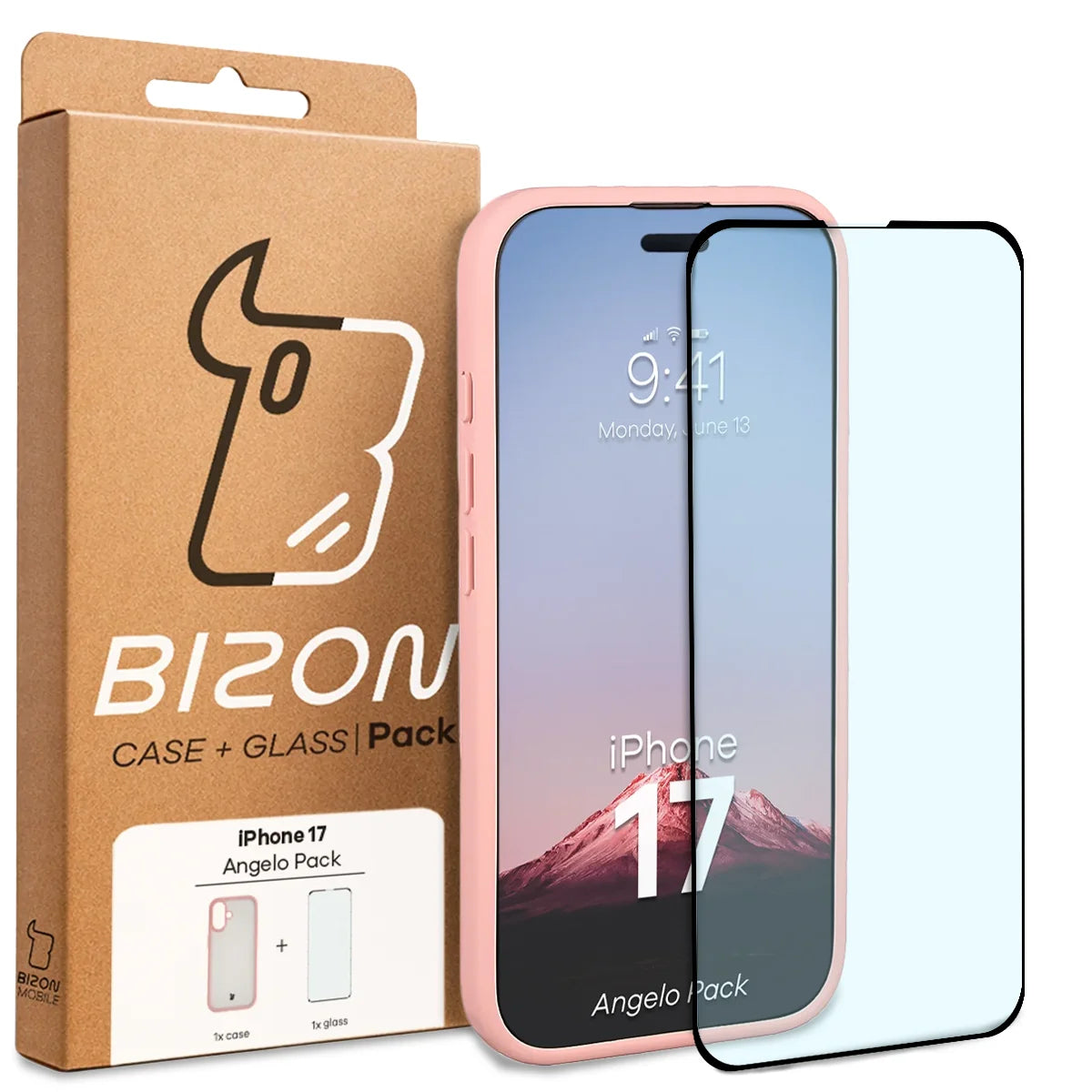 Schutzhülle + gehärtetem Glas für iPhone 17, Bizon Angelo Pack, Semitransparent mit hellrosem Rahmen
