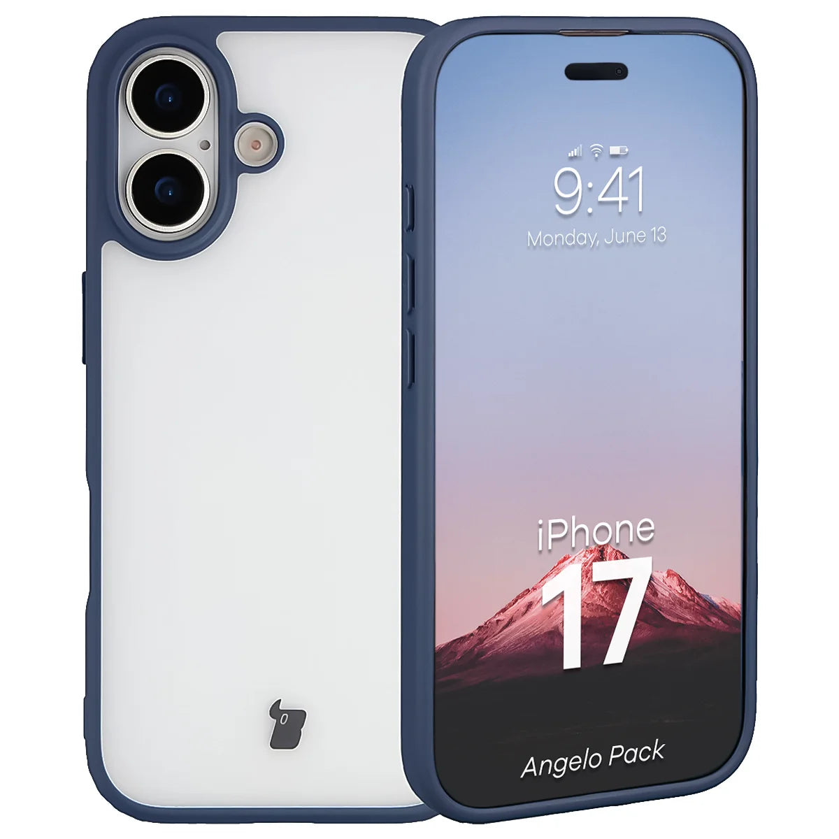 Schutzhülle + gehärtetem Glas für iPhone 17, Bizon Angelo Pack, Semitransparent mit dunkelblauem Rahmen