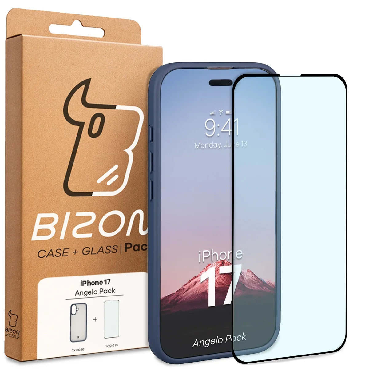 Schutzhülle + gehärtetem Glas für iPhone 17, Bizon Angelo Pack, Semitransparent mit dunkelblauem Rahmen
