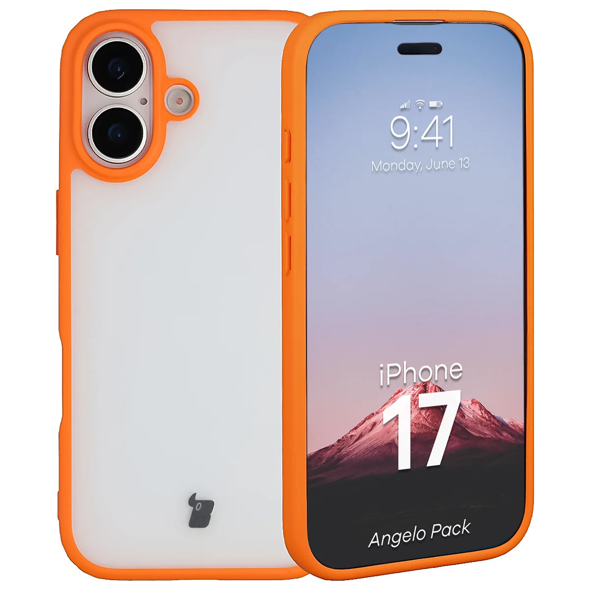 Schutzhülle + gehärtetem Glas für iPhone 17, Bizon Angelo Pack, Semitransparent mit orangefarbenem Rahmen
