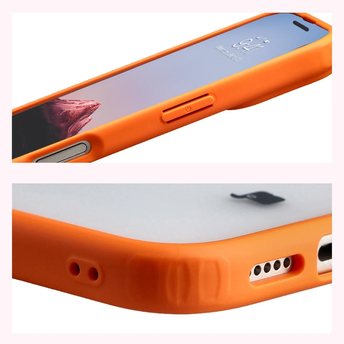 Schutzhülle + gehärtetem Glas für iPhone 17, Bizon Angelo Pack, Semitransparent mit orangefarbenem Rahmen