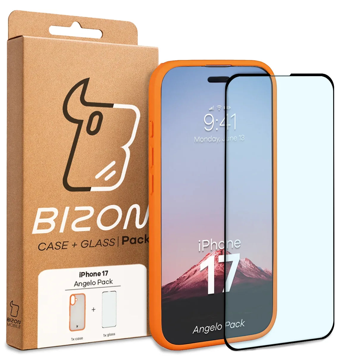 Schutzhülle + gehärtetem Glas für iPhone 17, Bizon Angelo Pack, Semitransparent mit orangefarbenem Rahmen