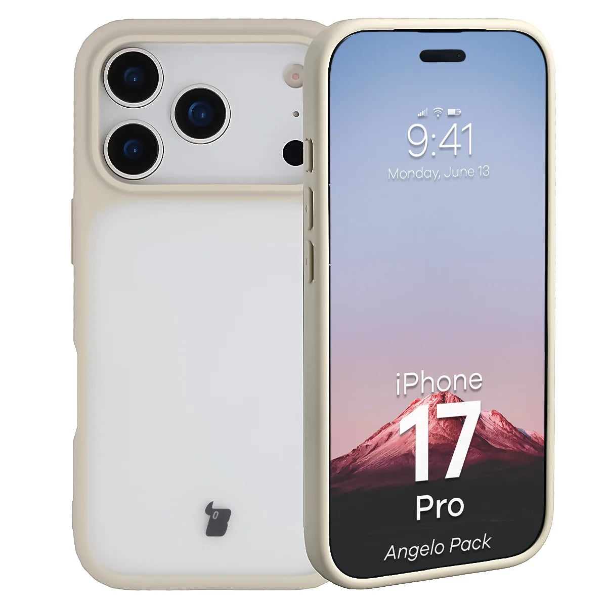 Schutzhülle + gehärtetem Glas für iPhone 17 Pro, Bizon Angelo Pack, Semitransparent mit beigem Rahmen