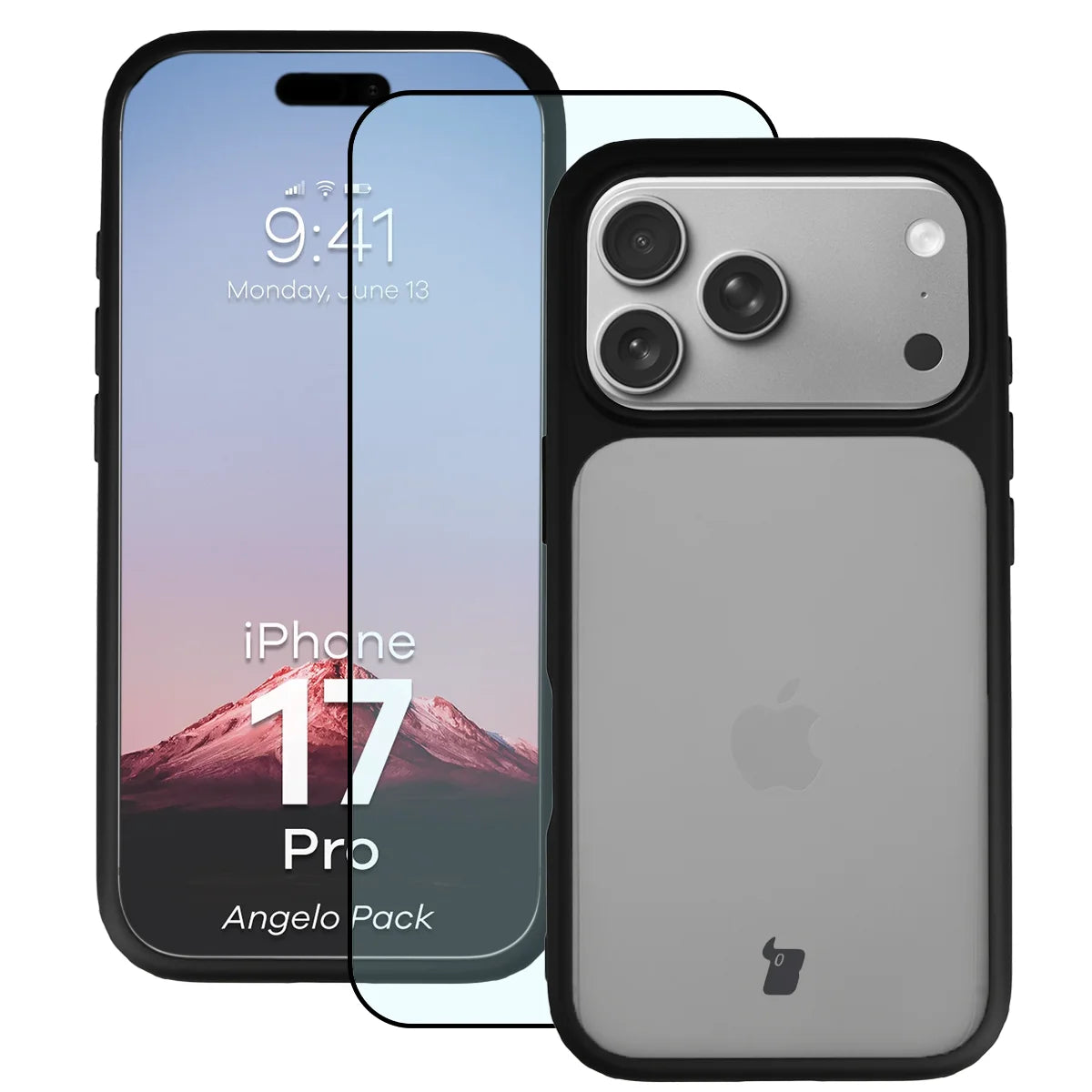 Schutzhülle + gehärtetem Glas für iPhone 17 Pro, Bizon Angelo Pack, Getönte mit schwarzem Rahmen