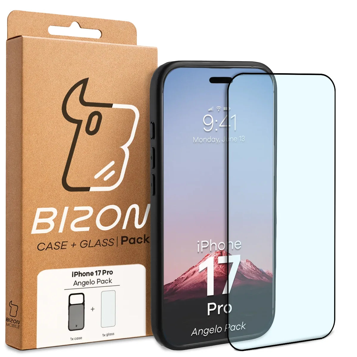Schutzhülle + gehärtetem Glas für iPhone 17 Pro, Bizon Angelo Pack, Getönte mit schwarzem Rahmen