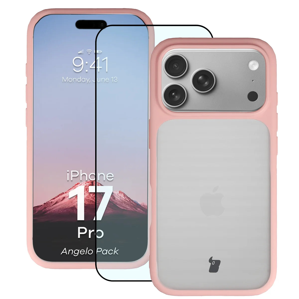 Schutzhülle + gehärtetem Glas für iPhone 17 Pro, Bizon Angelo Pack, Semitransparent mit hellrosem Rahmen