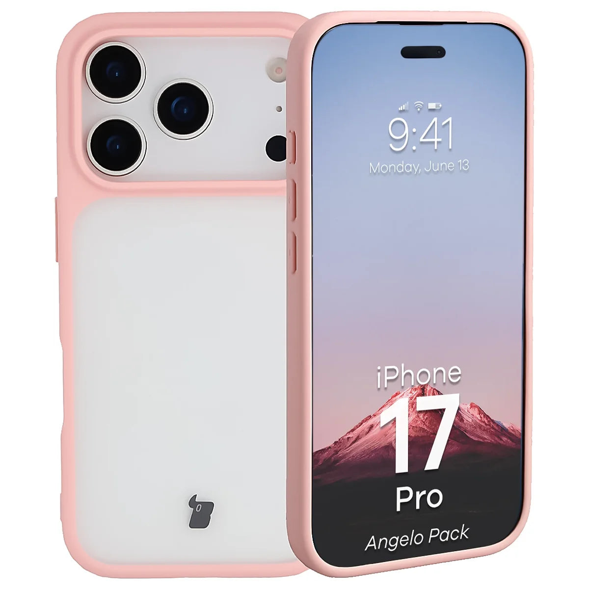 Schutzhülle + gehärtetem Glas für iPhone 17 Pro, Bizon Angelo Pack, Semitransparent mit hellrosem Rahmen