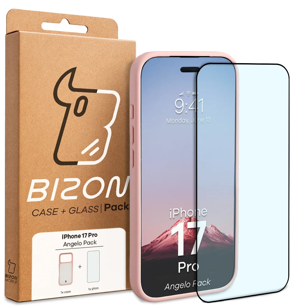 Schutzhülle + gehärtetem Glas für iPhone 17 Pro, Bizon Angelo Pack, Semitransparent mit hellrosem Rahmen