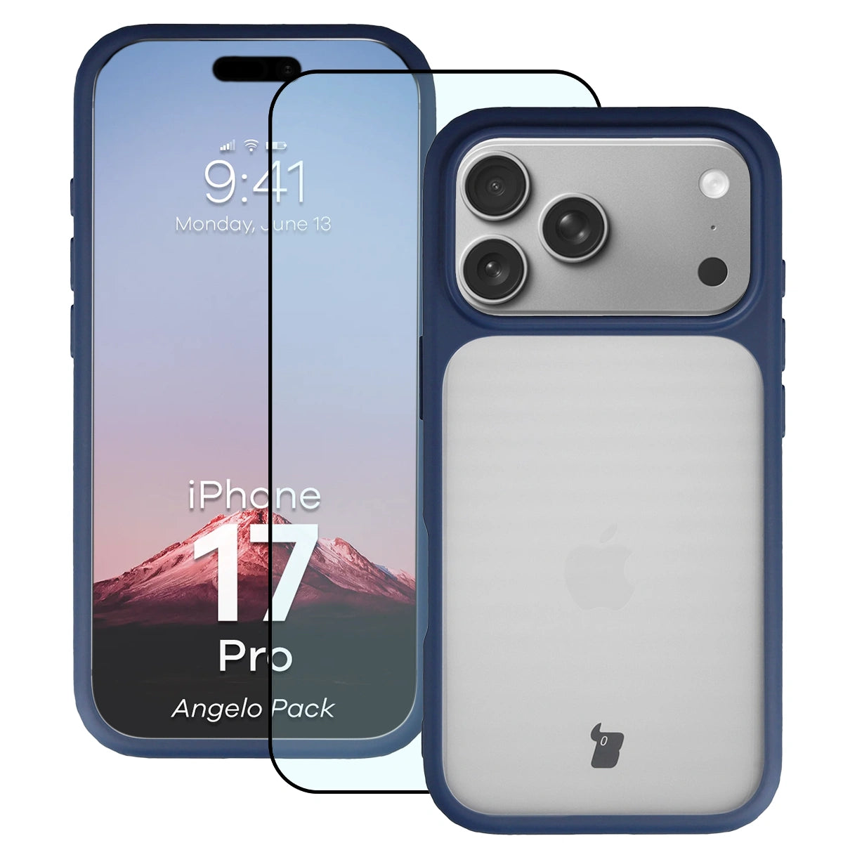 Schutzhülle + gehärtetem Glas für iPhone 17 Pro, Bizon Angelo Pack, Semitransparent mit dunkelblauem Rahmen