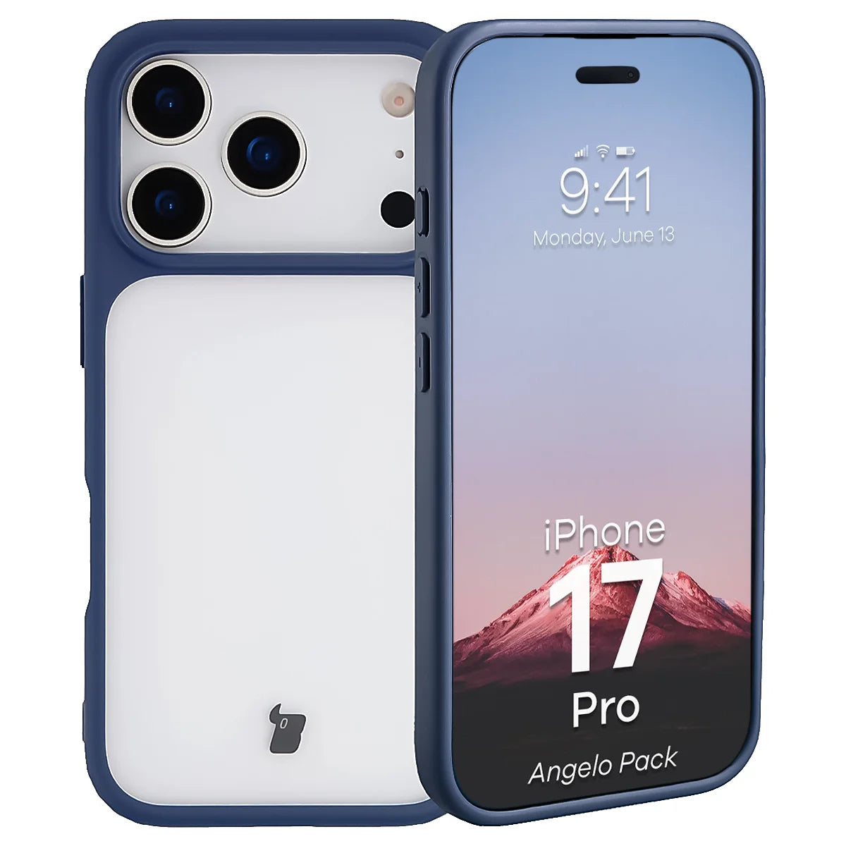 Schutzhülle + gehärtetem Glas für iPhone 17 Pro, Bizon Angelo Pack, Semitransparent mit dunkelblauem Rahmen