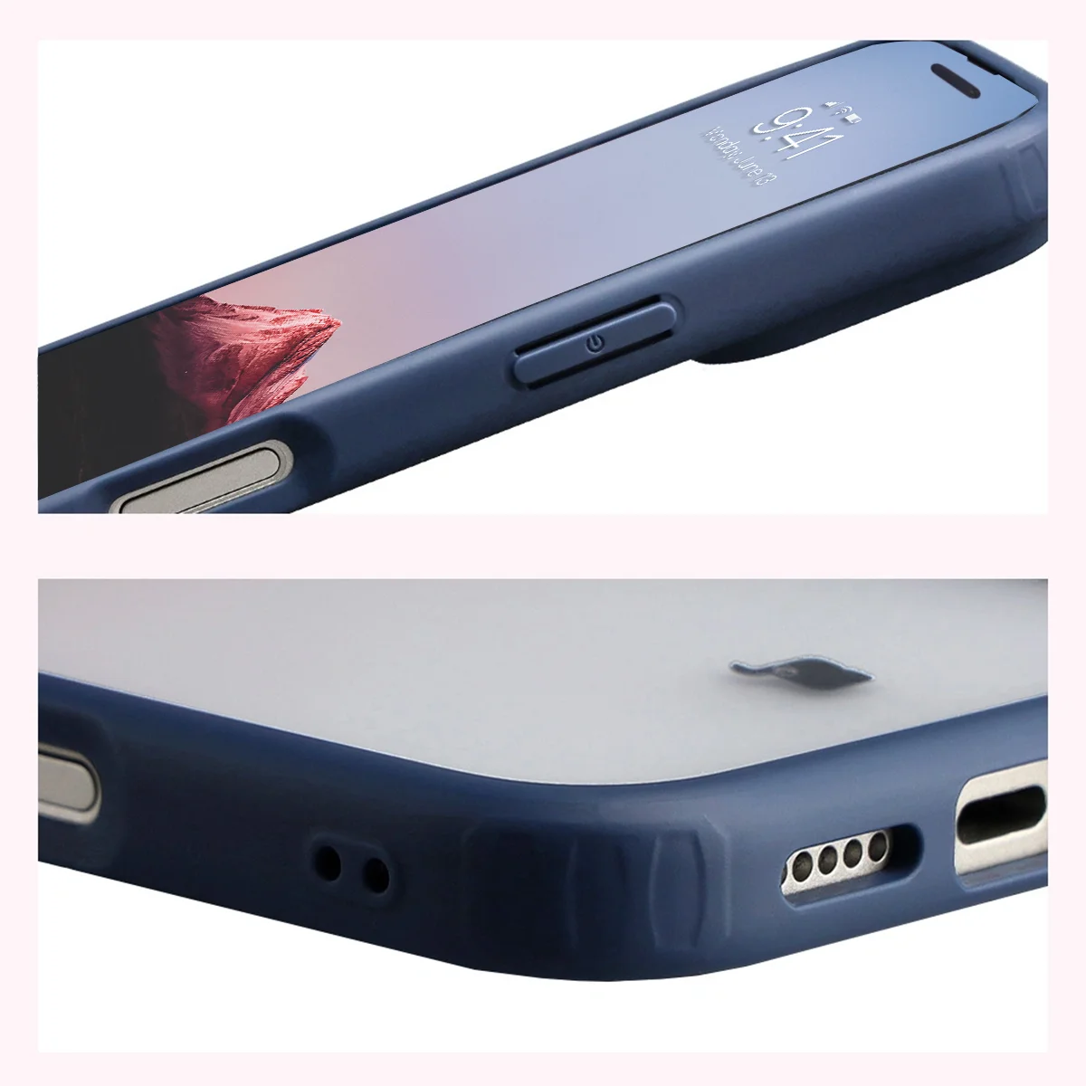 Schutzhülle + gehärtetem Glas für iPhone 17 Pro, Bizon Angelo Pack, Semitransparent mit dunkelblauem Rahmen