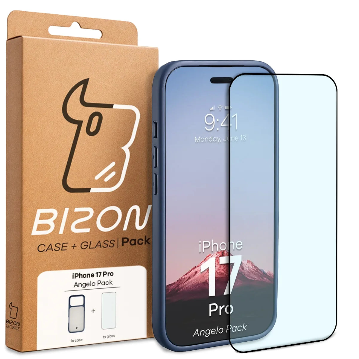 Schutzhülle + gehärtetem Glas für iPhone 17 Pro, Bizon Angelo Pack, Semitransparent mit dunkelblauem Rahmen
