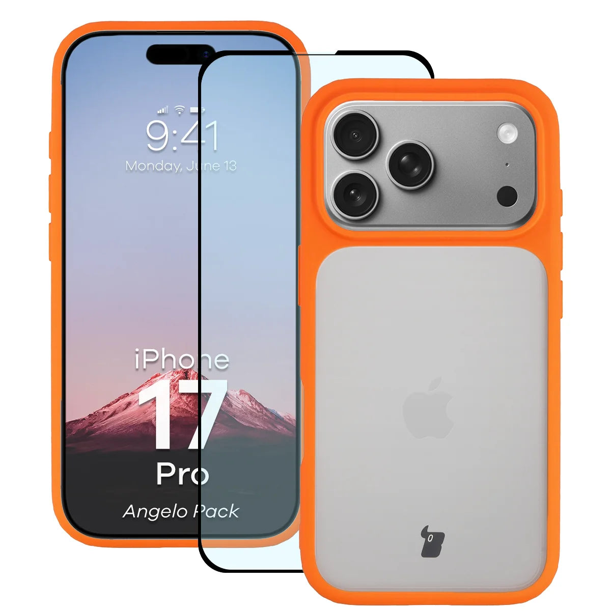 Schutzhülle + gehärtetem Glas für iPhone 17 Pro, Bizon Angelo Pack, Semitransparent mit orangefarbenem Rahmen