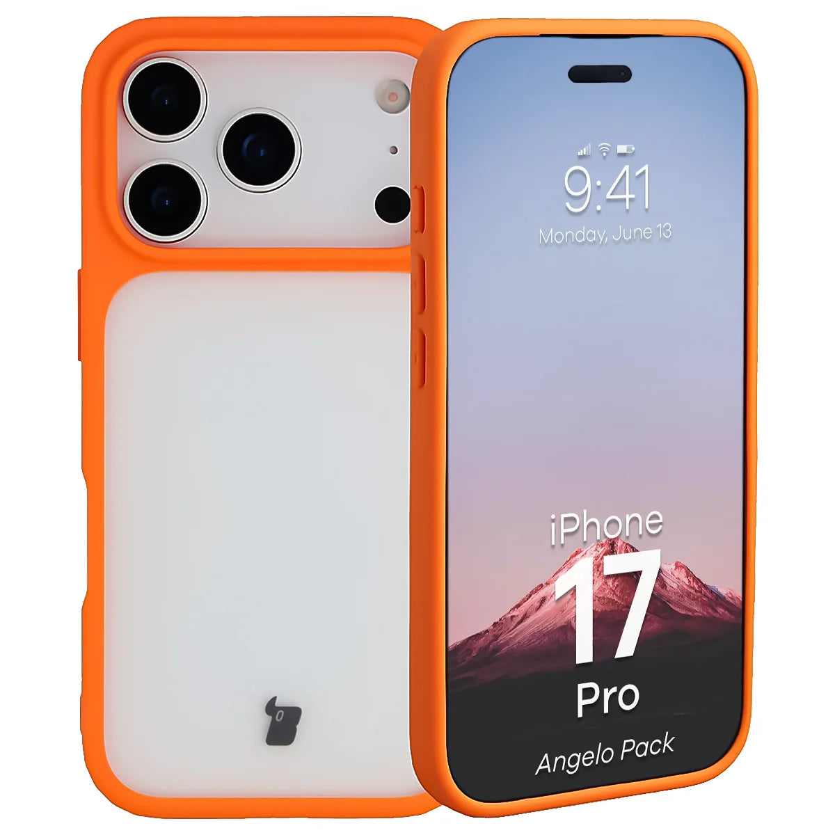 Schutzhülle + gehärtetem Glas für iPhone 17 Pro, Bizon Angelo Pack, Semitransparent mit orangefarbenem Rahmen
