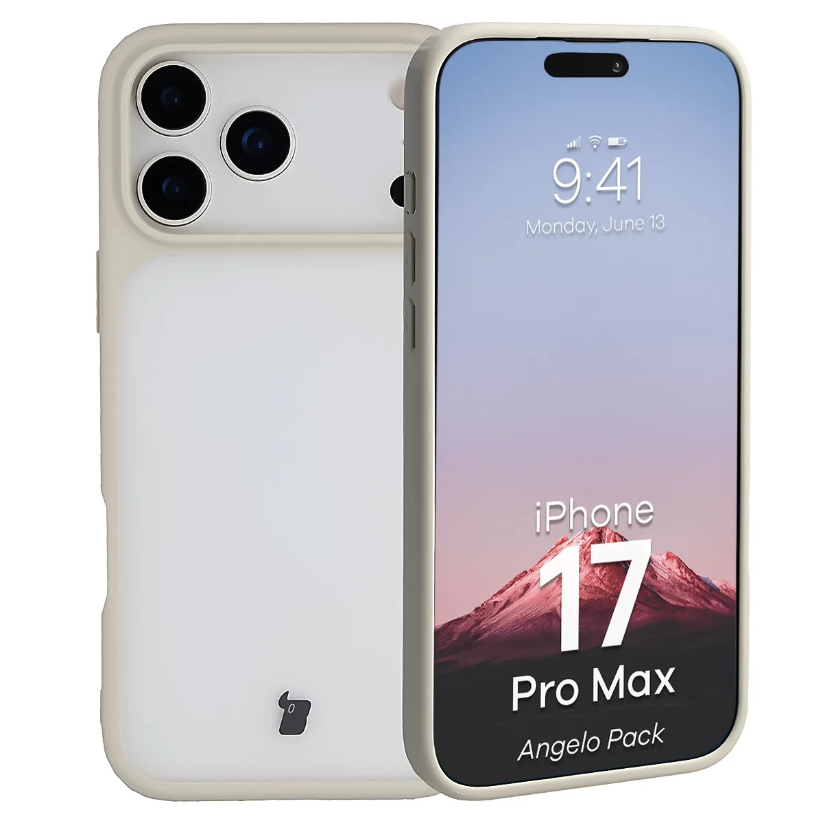 Schutzhülle + gehärtetem Glas für iPhone 17 Pro Max, Bizon Angelo Pack, Semitransparent mit beigem Rahmen