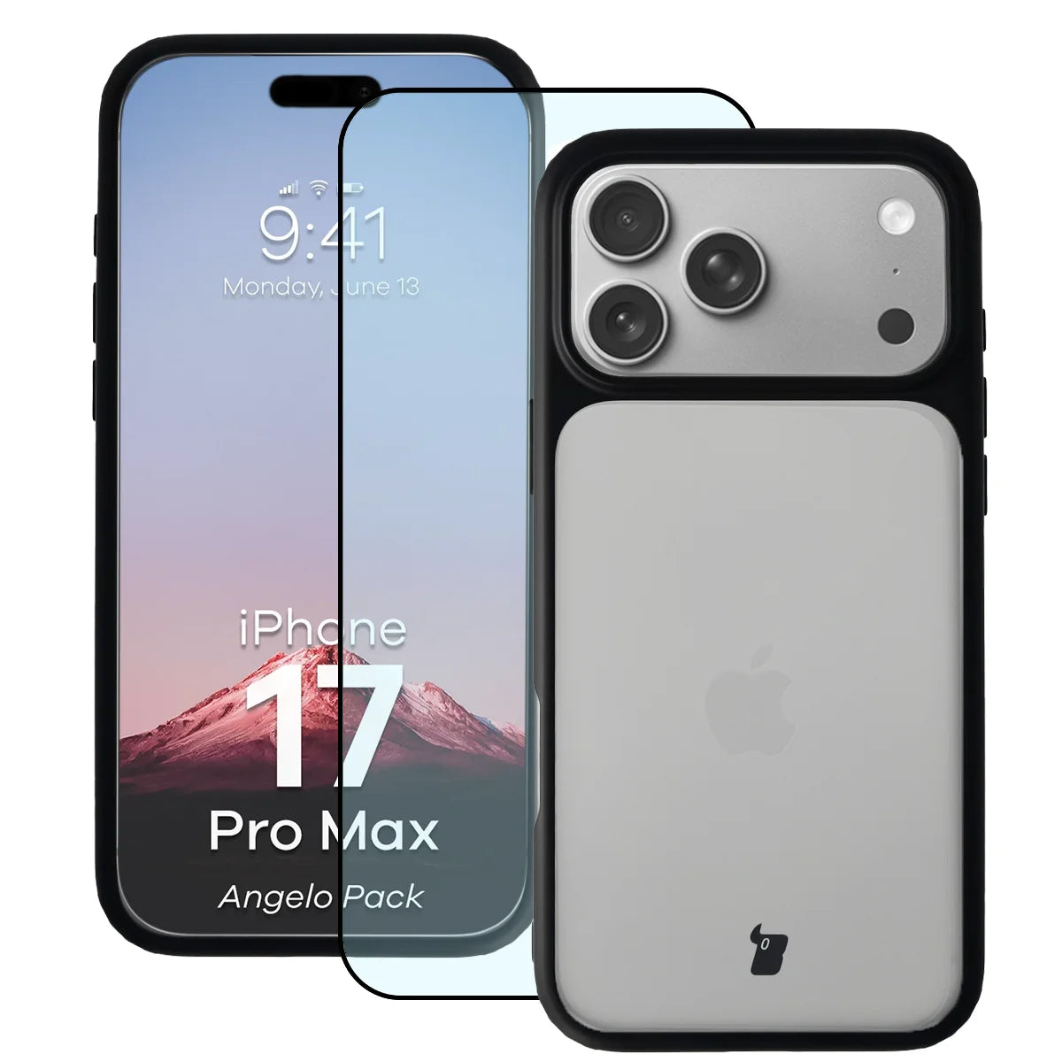 Schutzhülle + gehärtetem Glas für iPhone 17 Pro Max, Bizon Angelo Pack, Getönte mit schwarzem Rahmen