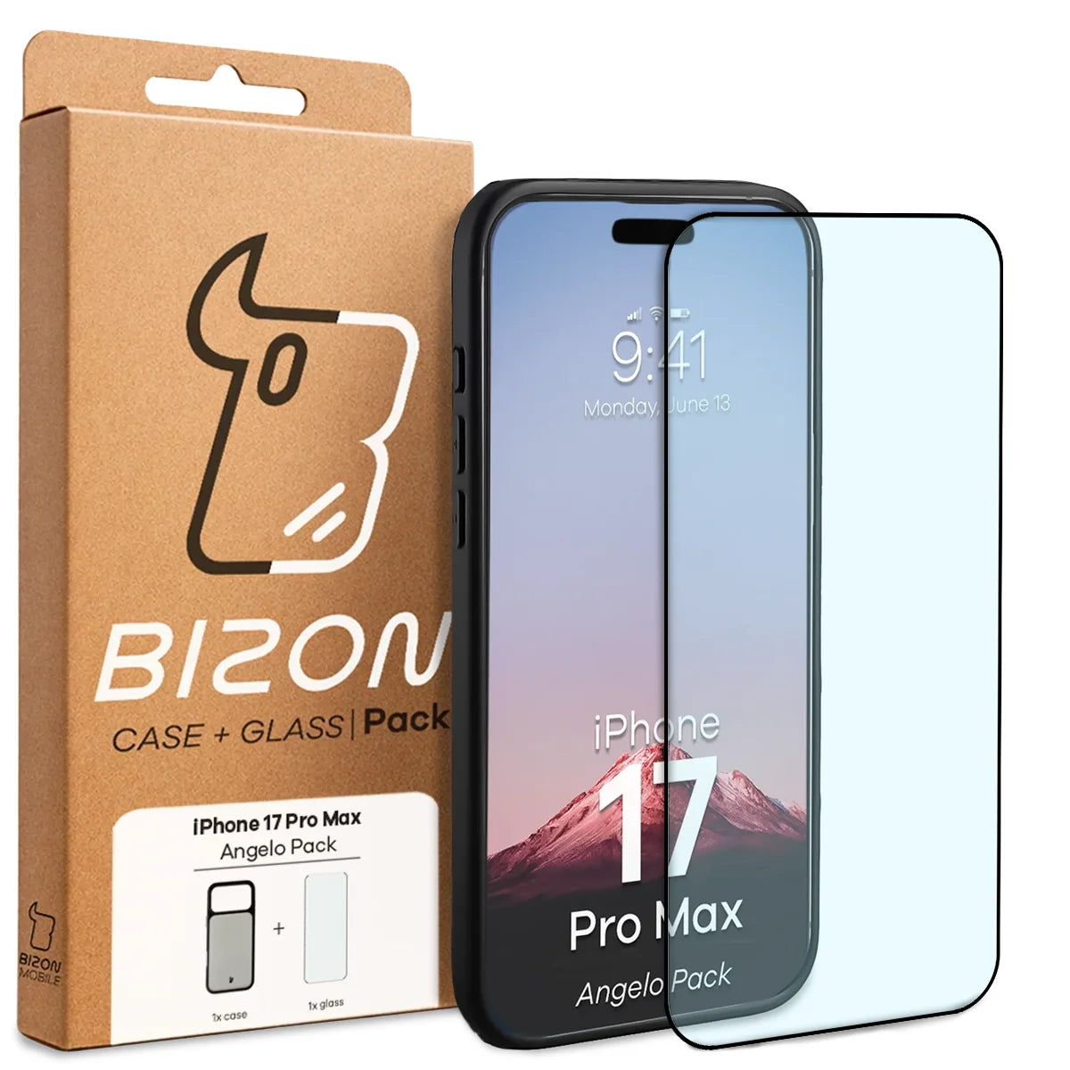 Schutzhülle + gehärtetem Glas für iPhone 17 Pro Max, Bizon Angelo Pack, Getönte mit schwarzem Rahmen