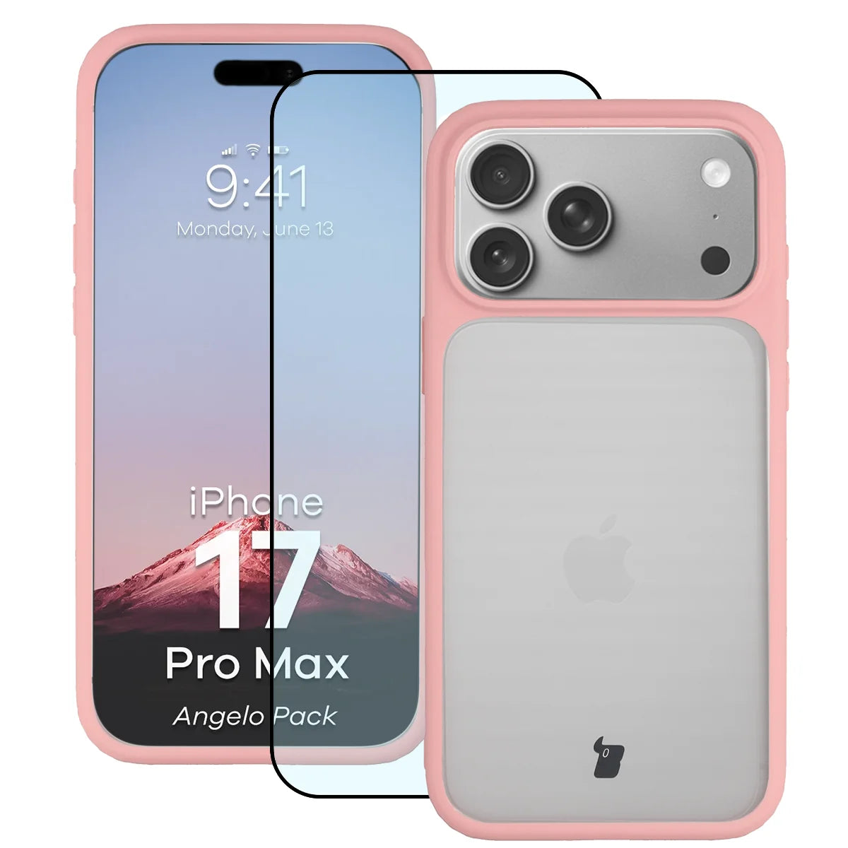Schutzhülle + gehärtetem Glas für iPhone 17 Pro Max, Bizon Angelo Pack, Semitransparent mit hellrosem Rahmen