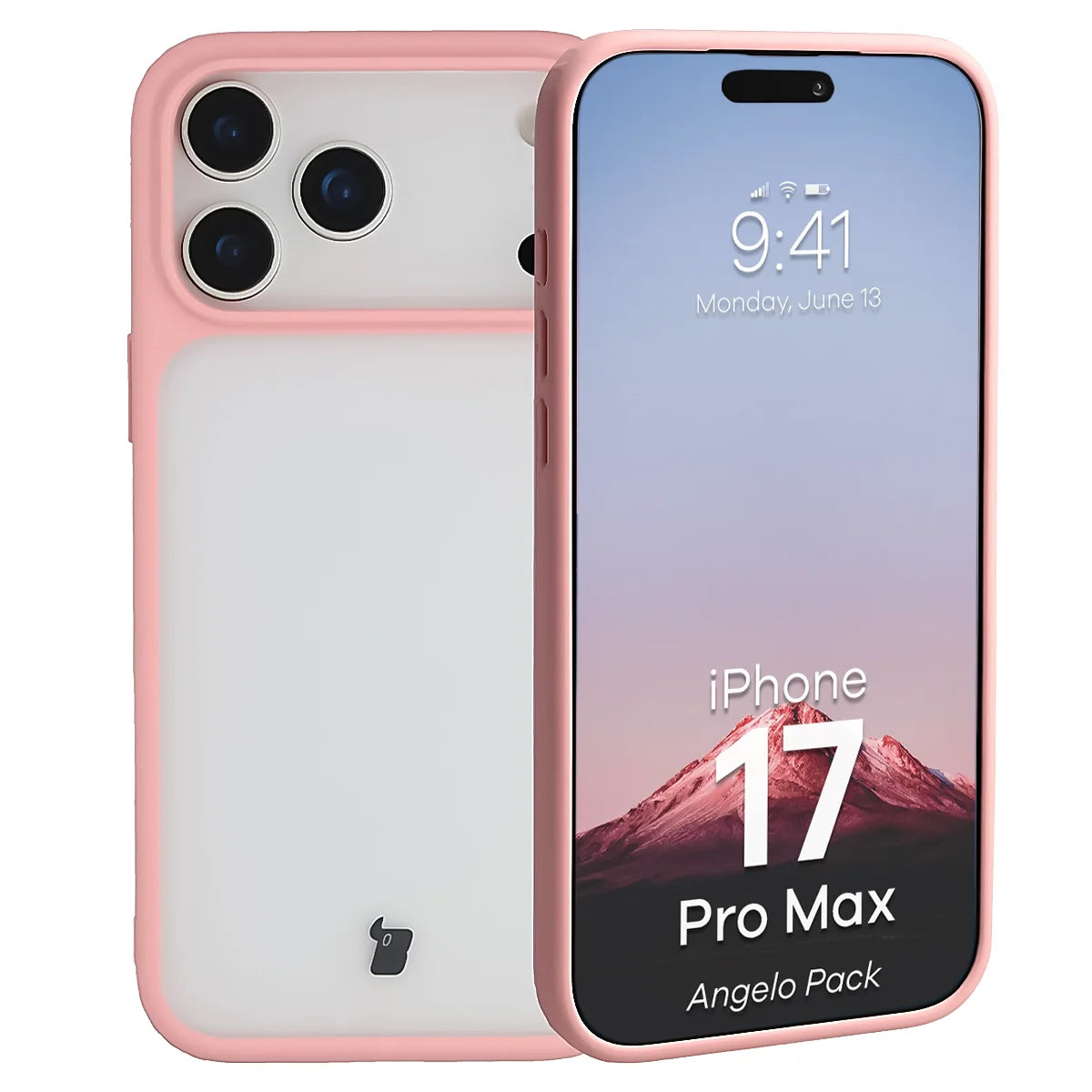 Schutzhülle + gehärtetem Glas für iPhone 17 Pro Max, Bizon Angelo Pack, Semitransparent mit hellrosem Rahmen