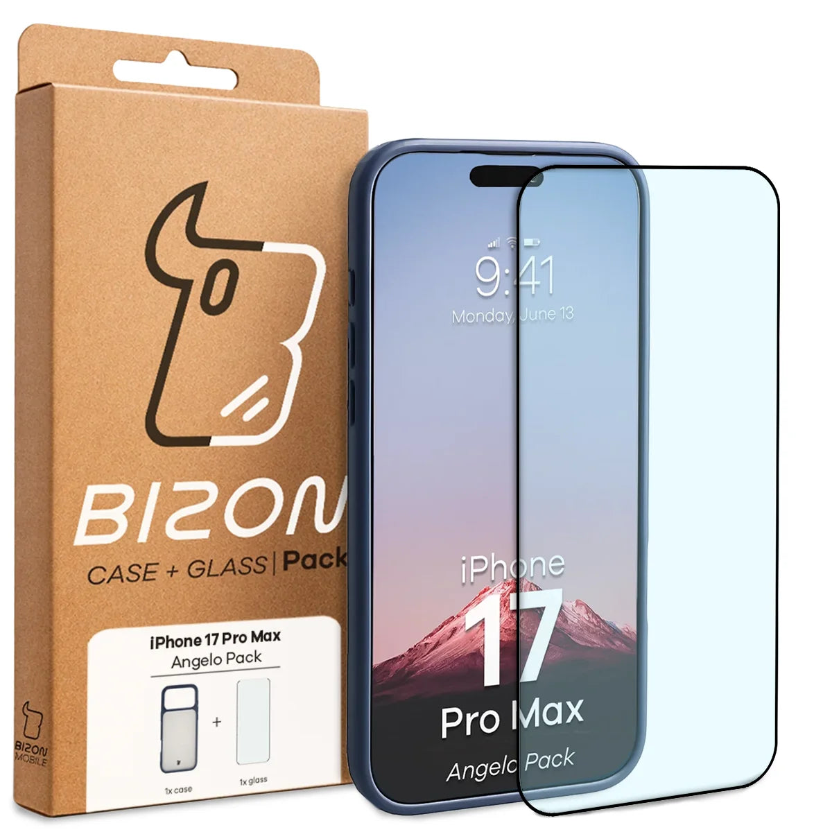 Schutzhülle + gehärtetem Glas für iPhone 17 Pro Max, Bizon Angelo Pack, Semitransparent mit orangefarbenem Rahmen