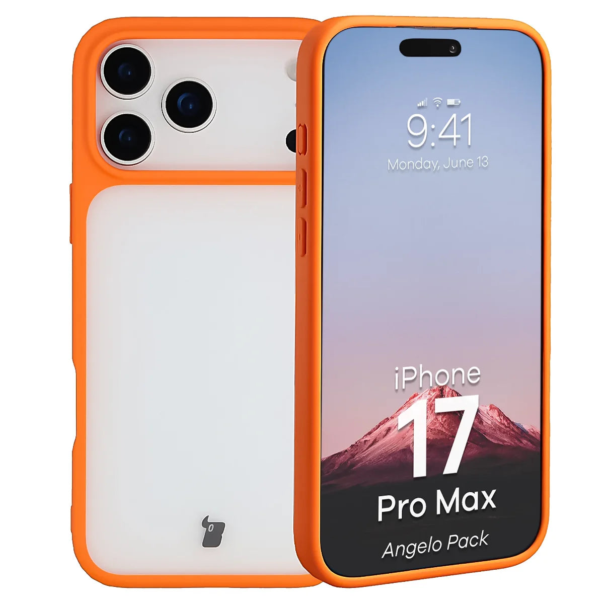 Schutzhülle + gehärtetem Glas für iPhone 17 Pro Max, Bizon Angelo Pack, Semitransparent mit orangefarbenem Rahmen