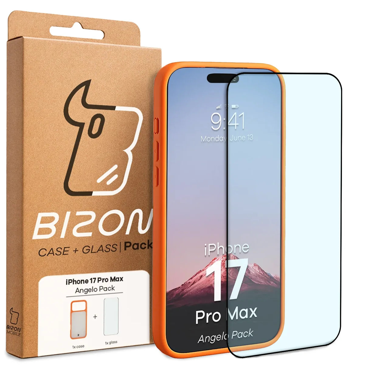 Schutzhülle + gehärtetem Glas für iPhone 17 Pro Max, Bizon Angelo Pack, Semitransparent mit orangefarbenem Rahmen