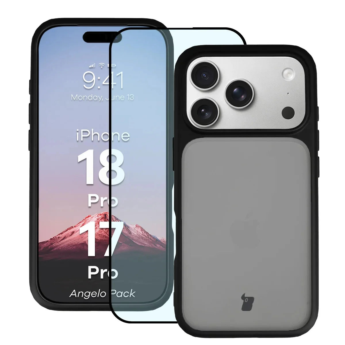 Schutzhülle + gehärtetem Glas für iPhone 18 Pro / 17 Pro, Bizon Angelo Pack, Getönte mit schwarzem Rahmen (1/8)