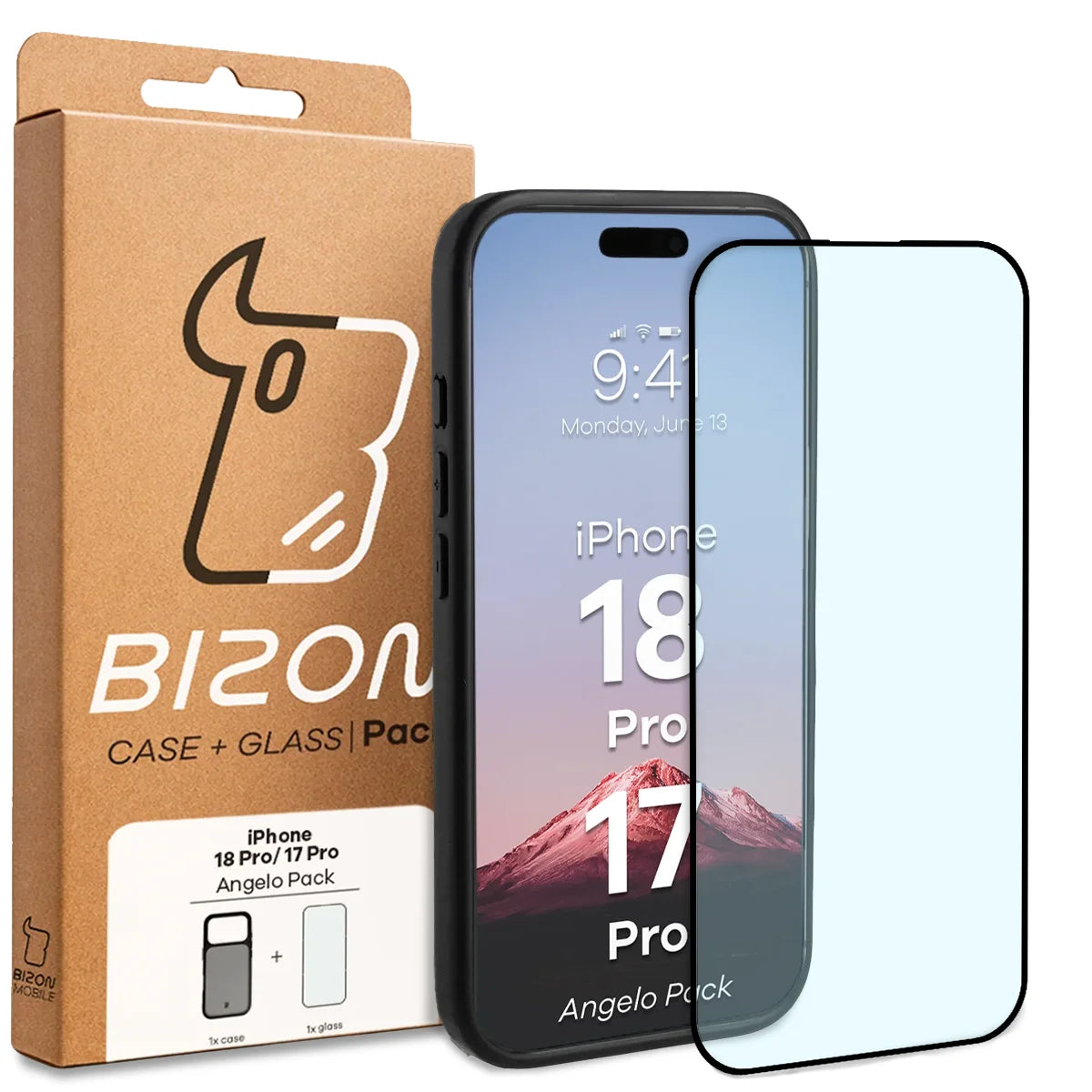 Schutzhülle + gehärtetem Glas für iPhone 18 Pro / 17 Pro, Bizon Angelo Pack, Getönte mit schwarzem Rahmen (8/8)