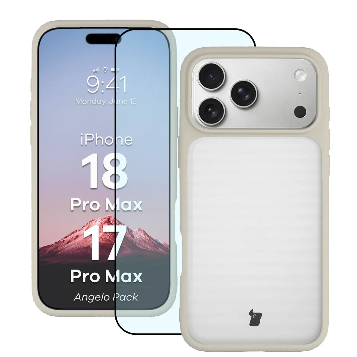 Schutzhülle + gehärtetem Glas für iPhone 18 Pro Max / 17 Pro Max, Bizon Angelo Pack, Semitransparent mit beigem Rahmen (1/8)