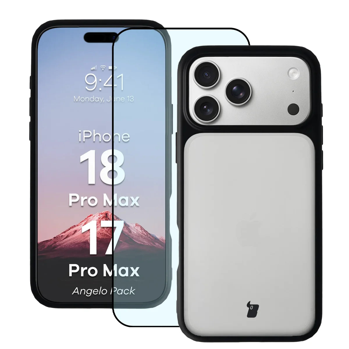 Schutzhülle + gehärtetem Glas für iPhone 18 Pro Max / 17 Pro Max, Bizon Angelo Pack, Getönte mit schwarzem Rahmen (1/7)