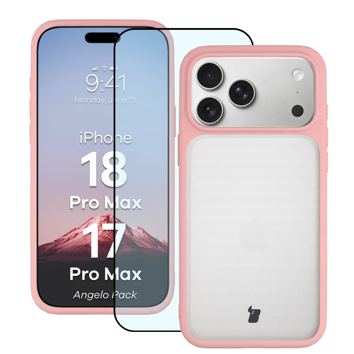 Schutzhülle + gehärtetem Glas für iPhone 18 Pro Max / 17 Pro Max, Bizon Angelo Pack, Semitransparent mit hellrosem Rahmen (1/8)