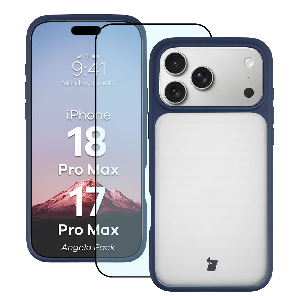 Schutzhülle + gehärtetem Glas für iPhone 18 Pro Max / 17 Pro Max, Bizon Angelo Pack, Semitransparent mit dunkelblauem Rahmen (1/8)