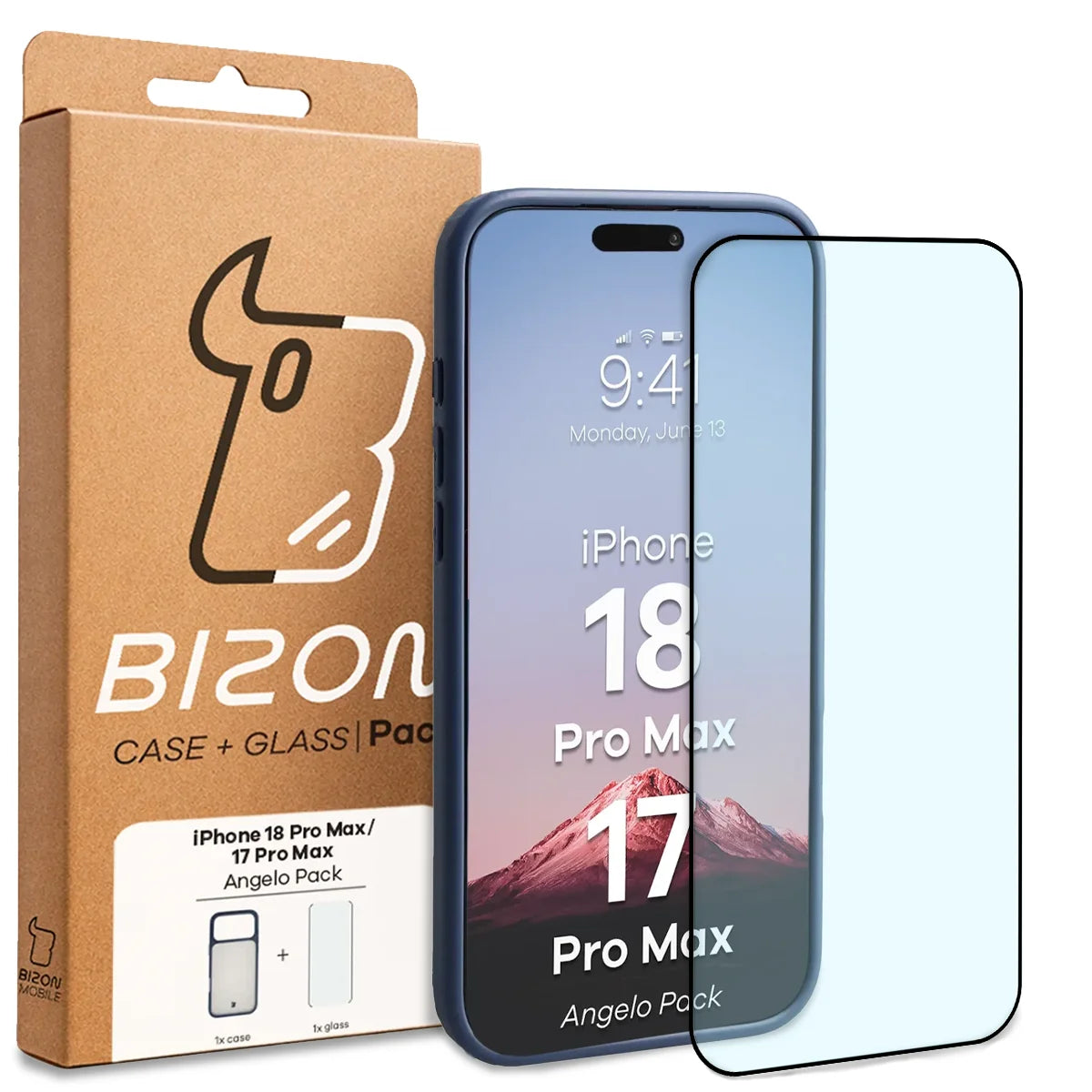 Schutzhülle + gehärtetem Glas für iPhone 18 Pro Max / 17 Pro Max, Bizon Angelo Pack, Semitransparent mit dunkelblauem Rahmen (8/8)