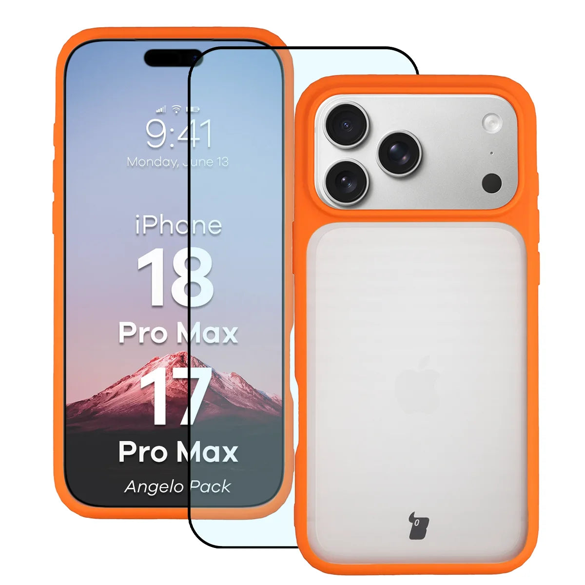 Schutzhülle + gehärtetem Glas für iPhone 18 Pro Max / 17 Pro Max, Bizon Angelo Pack, Semitransparent mit orangefarbenem Rahmen (1/8)