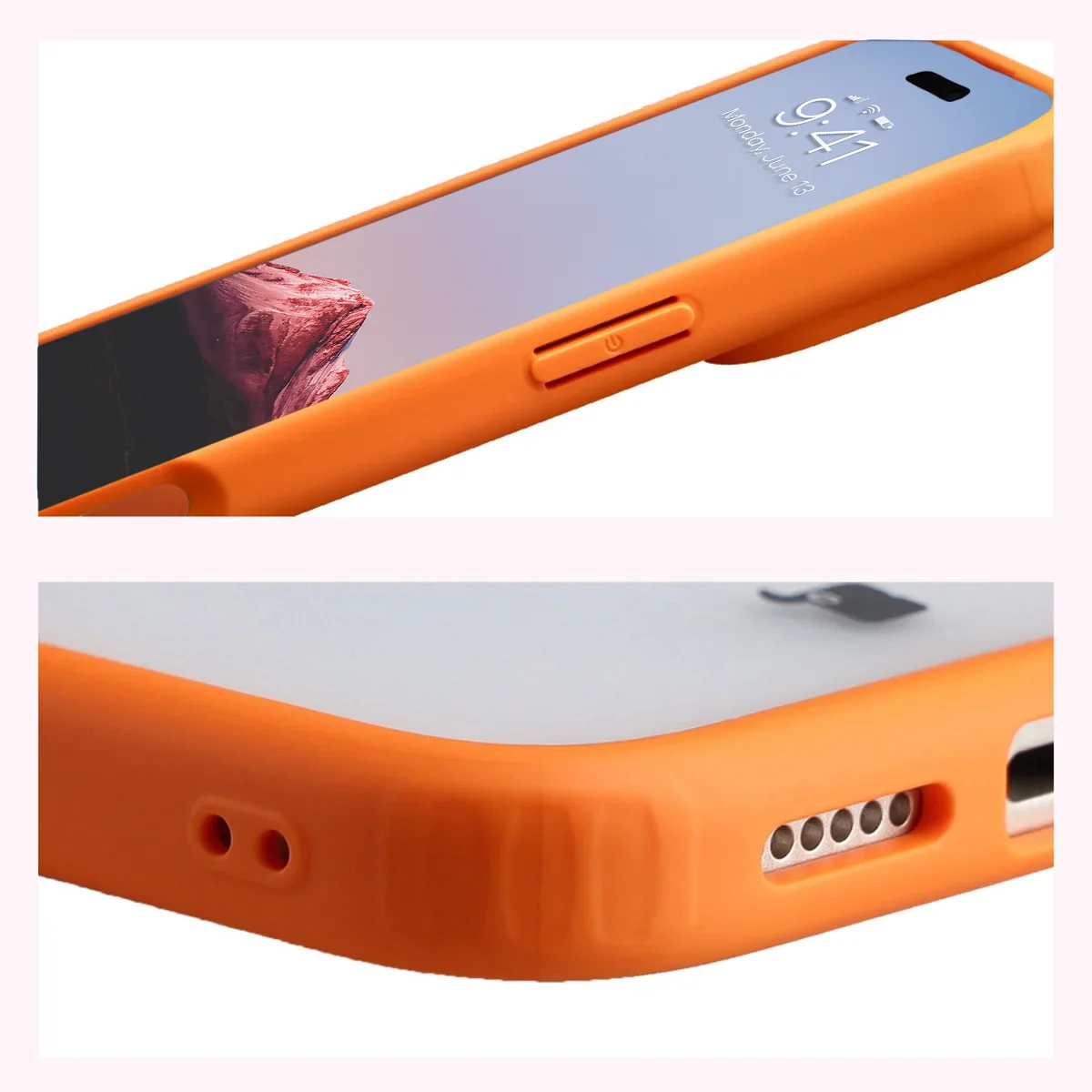 Schutzhülle + gehärtetem Glas für iPhone 18 Pro Max / 17 Pro Max, Bizon Angelo Pack, Semitransparent mit orangefarbenem Rahmen (5/8)