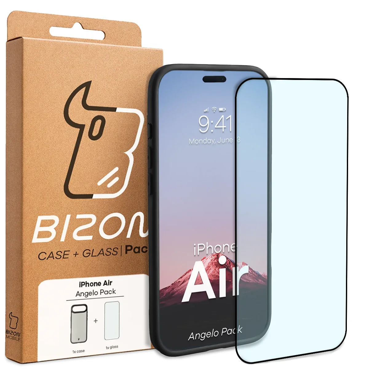 Schutzhülle + gehärtetem Glas für iPhone Air, Bizon Angelo Pack, Getönte mit schwarzem Rahmen