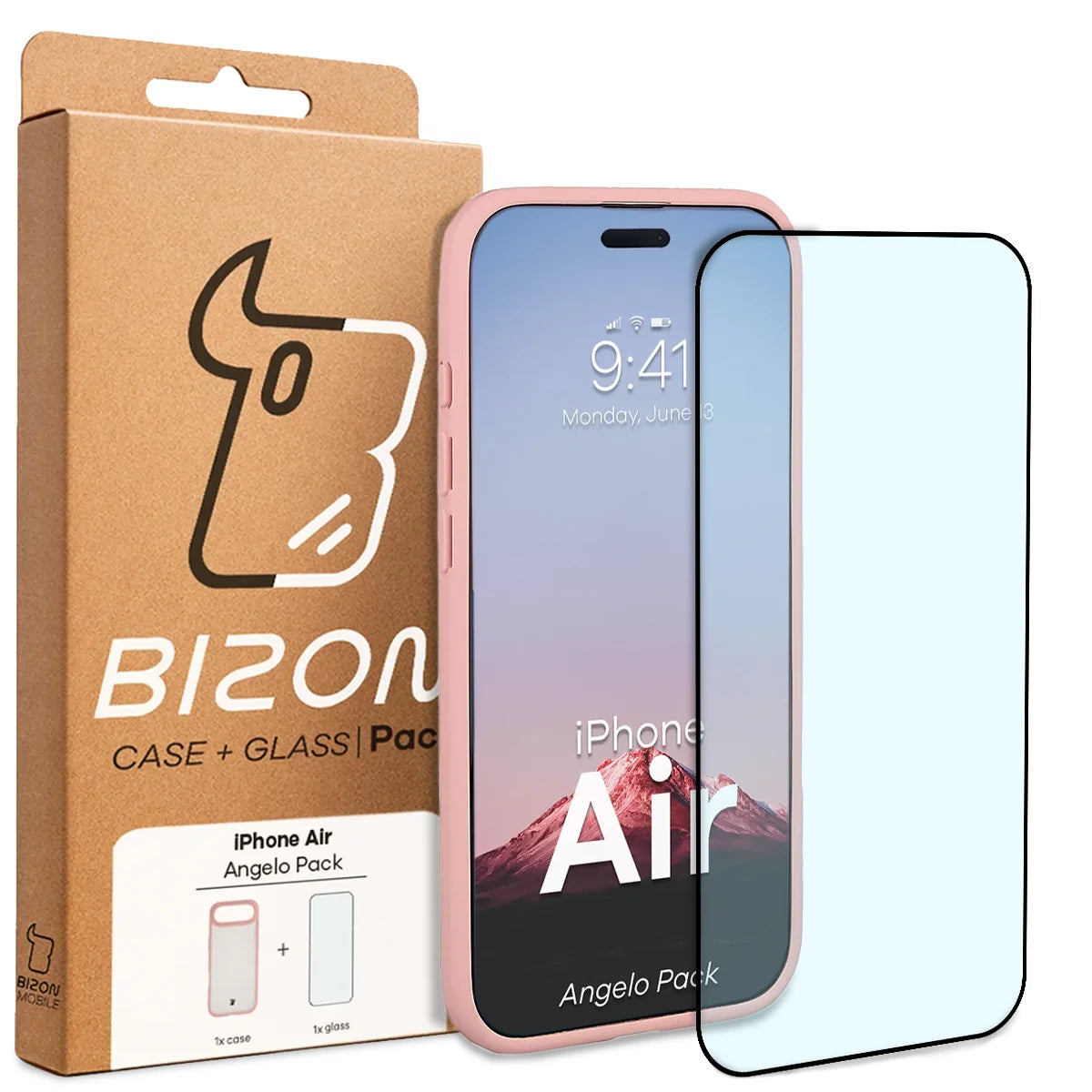 Schutzhülle + gehärtetem Glas für iPhone Air, Bizon Angelo Pack, Semitransparent mit hellrosem Rahmen