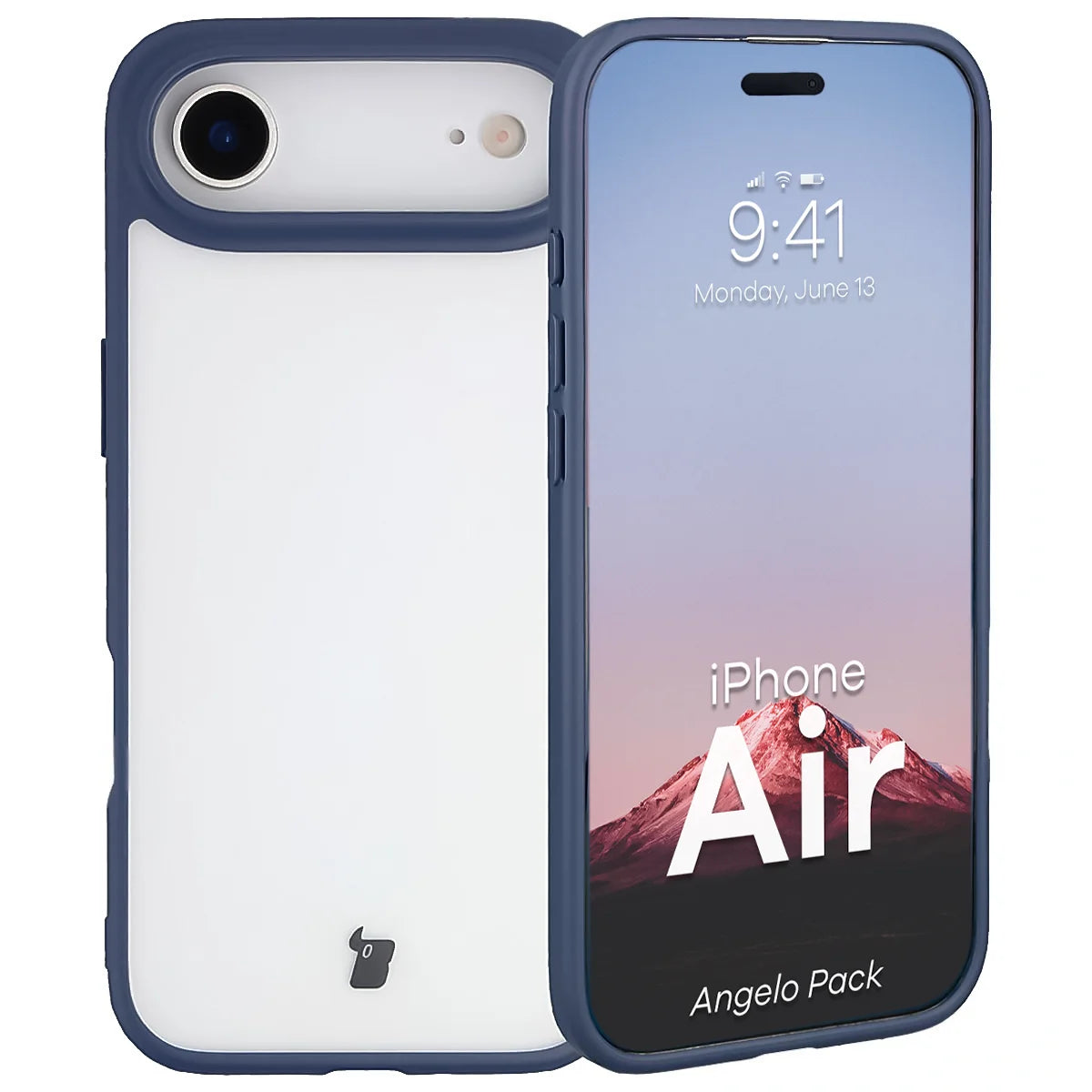 Schutzhülle + gehärtetem Glas für iPhone Air, Bizon Angelo Pack, Semitransparent mit dunkelblauem Rahmen
